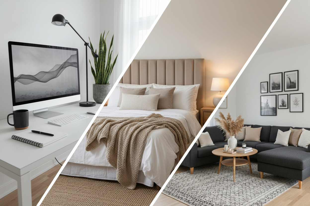 Make the split with an angle instead of a straight line, change the office desk to something more realistic and close up